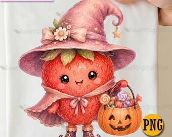 Cute Strawberry Halloween Clipart, Witch Fruit PNG, Pastel Spooky Design