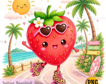 Strawberry Sticker PNG, Kawaii Summer Fruit Clipart Design