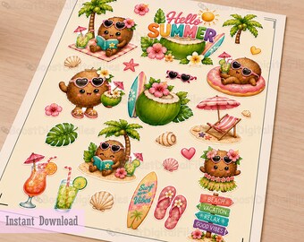 Coconut Sticker Sheet PNG, Tropical Kawaii Summer Design