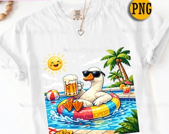 Funny Summer Goose PNG, Pool Float Duck Clipart With Beer Mug, Vacation Sublimation Design