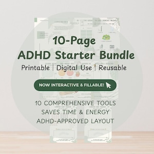 ADHD Management Starter Bundle, 10-Page Brain Dump, Executive Dysfunction Digital Planner, Dopamine Menu, Cleaning Checklist, Digital PDF