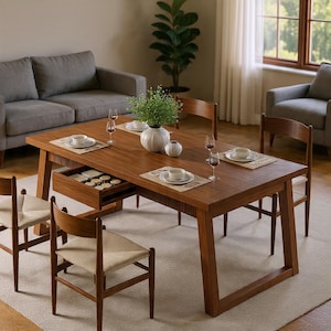 Puede incluir: Una mesa de comedor de madera con un cajón, con platos blancos, vasos y manteles individuales. Cuatro sillas de madera con asientos tejidos rodean la mesa. Un jarrón con vegetación y dos jarrones más pequeños están sobre la mesa.