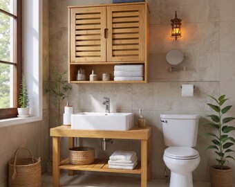 Wall Mounted Bathroom Cabinet, Bamboo Storage Shelf, Modern Home Organizer