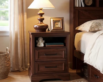 Farmhouse Nightstand End Table with Charging Station & Storage Drawers