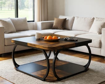 Industrial 2-Tier Coffee Table with Storage Shelf, Modern Living Room Furniture