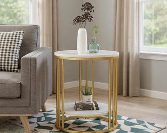 Round Marble End Table – 2-Tier Storage Side Table with Jewelry Shelf