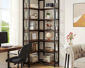 Corner Bookshelf 7-Tier Freestanding Industrial Corner Shelf Display