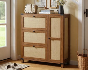 Freestanding Rattan Shoe Cabinet – Entryway Storage with Flip Drawers & Adjustable Shelves