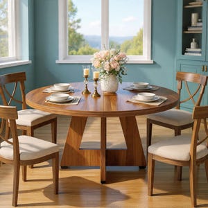 May include: A round wooden dining table with four matching chairs. The table is set with white dishes, placemats, and a floral centerpiece. Two candle holders are on the table. The chairs have beige cushions.
