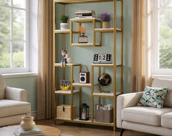Bookshelf Tall Metal Frame – Geometric Freestanding Bookcase for Home