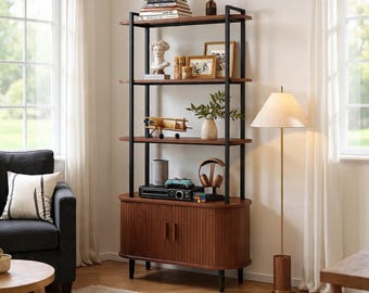 Tall Bookshelf 71″ – 4-Tier Book Shelf w/ Storage Cabinet & Adjustable Footpad