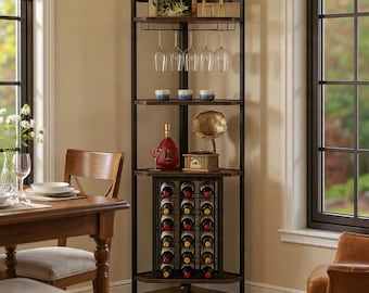 Corner Wine Rack with Glass Holder — 4-Tier Industrial Bar Shelf & Wine Storage