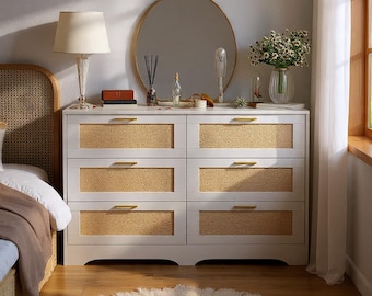 Rattan Dresser Chest with 6 Drawers & Golden Handles