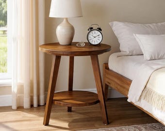 Wood End Table, Farmhouse Side Table with Shelf — Living Room Nightstand