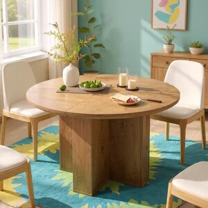 May include: A round wooden dining table with a light brown finish, set with a white vase, green limes, and a plate of food. Two white chairs are positioned around the table. The table sits on a blue and yellow patterned rug.