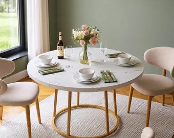 Round Marble-Pattern Dining Table for 4 – Gold Base Kitchen Decor