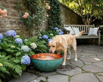 Large Handcrafted Copper Outdoor Dog Water Bowl — Verdigris Patina | Antimicrobial Pet Bowl
