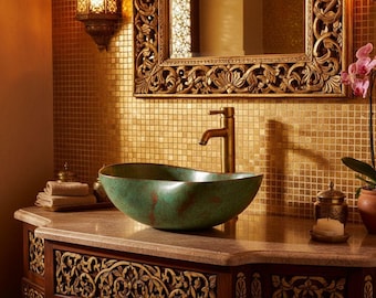 Handcrafted Organic Copper Vessel Sink — Full Natural Green Patina