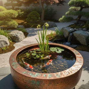 Könnte beinhalten: Ein kupferfarbener Koi-Teich mit drei orange-weiß gefärbten Koi-Karpfen, die im Wasser schwimmen. Der Teich hat einen kleinen Wasserfall und ist von einem japanischen Garten mit Felsen, Pflanzen und einem Kiesweg umgeben.