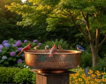 Handcrafted Copper Bird Bath Bowl — Hand-Hammered, Wooden Pedestal, Garden Wildlife Sanctuary
