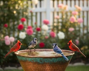 Baño para pájaros cónico de cobre martillado – Escultura de jardín con pátina natural / CopperGloww