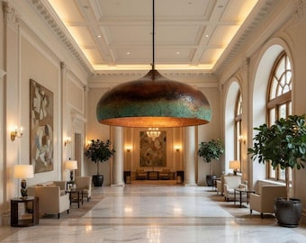 Verdigris Patina Hammered Copper Pendant Light — Handcrafted Artisan Lighting