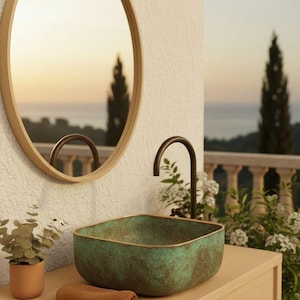 Lavabo de cobre hecho a mano – Lavabo redondo para baño con acabado pátina verde / Varios tamaños