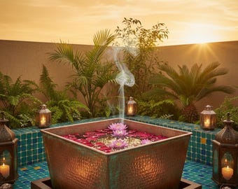 Cuenco de agua cuadrado de cobre martillado estilo zen – Centro de mesa para spa y bienestar / CopperGlow
