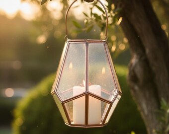 Copper & Glass Geometric Lantern – Hexagonal Candle Holder with Rose Gold Copper Frame | CopperGloww