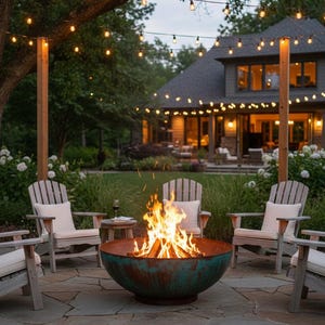 Puede incluir: Escena de patio al aire libre con fogón, sillas Adirondack y luces de cadena. Un gran fogón redondo con acabado turquesa y óxido es el punto focal, con llamas ardiendo. Sillas con cojines blancos rodean el fogón.