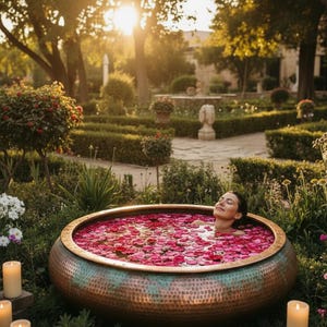 Bañera de hidromasaje de cobre para spa — Pátina antigua martillada a mano, baño de flores para jardín exterior