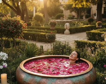 Vasca da bagno in rame per spa, con patina anticata martellata a mano, ideale per il giardino esterno e come vasca da bagno per fiori.