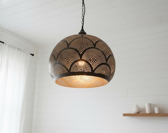 Matte Black Moroccan Pendant Light | Hand-Pierced Scallop Pattern Chandelier