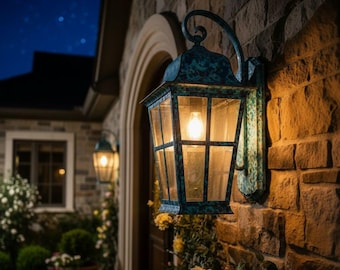 Handcrafted Pure Copper Wall Lantern — Set of 2 | Natural Turquoise Patina | Outdoor & Indoor | Ornate Scroll Bracket