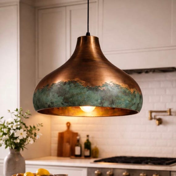 Handmade Oxidized Copper Pendant Light | Verdigris Copper Dome Lamp | Rustic Farmhouse Kitchen Island Lighting