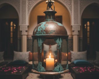 Regalo para el Día de la Madre / Farol de cobre con pátina verde hecho a mano / Farol marroquí para velas de exterior / Decoración bohemia para jardín y playa