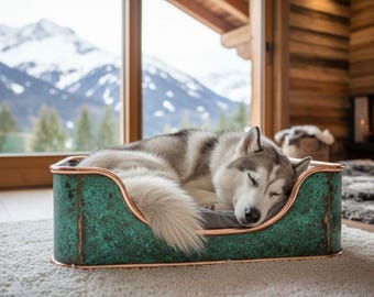 Handcrafted Pure Copper Dog Bed — Natural Turquoise Patina | Luxury Pet Furniture