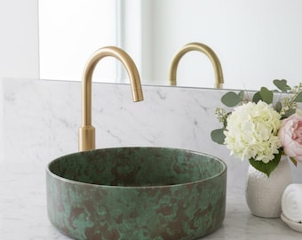Handmade Full Verdigris Copper Round Vessel Sink | Moroccan Patina Bathroom Basin | Luxury Countertop Sink | Unique Bathroom Art|CopperGloww