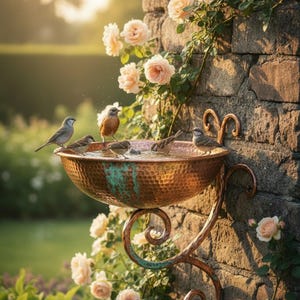 May include: A copper bird bath with a hammered texture, mounted on a stone wall, with several small birds perched on the rim and in the water. Peach-colored roses and greenery surround the bird bath, creating a serene garden scene.