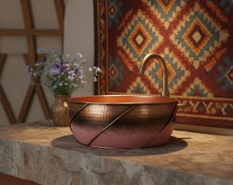 Striped Copper Sink | Rose Gold Basin | Handcrafted Moroccan Vessel Sink | Ribbon Copper Bowl | Luxury Diagonal Band Bathroom Sink
