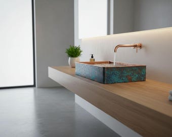 Lavabo de cobre puro hecho a mano — Pátina turquesa natural / Lavabo de baño de lujo
