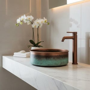 Handcrafted Moroccan Verde Patina Copper Sink | Turquoise Vessel Basin, Farmhouse Boho Vanity