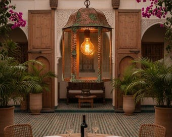 Sexkantig hängande kopparlykta — Verdigris patina och Edison-glödlampa / Inomhus - Utomhus pendellampa