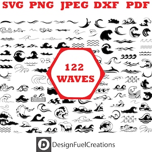 Puede incluir: Una colección de 122 diseños de olas en blanco y negro, disponibles en formatos SVG, PNG, JPEG, DXF y PDF. La imagen presenta diversas ilustraciones de olas, con un hexágono rojo en el centro que muestra el número de diseños. El logotipo de DesignFuelCreations está en la parte inferior.