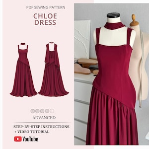 May include: A PDF sewing pattern for the Chloe Dress, featuring a deep red floor-length gown with a square neckline, thick straps, and a choker collar. The design includes a fitted bodice with an asymmetrical waistline and a flowing skirt.