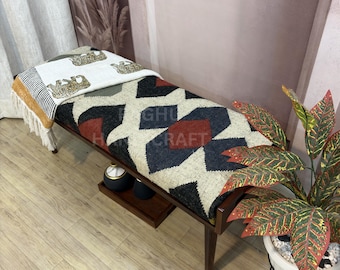 Kilim Bench with Wooden Legs, Upholstered Boho Bench for Bedroom, Entryway Bench, Southwestern Jute Bench, Handwoven Rug Ottoman Bench