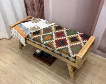 Vintage Kilim Bench Handmade Wooden Bench Boho Entryway Bench Turkish Kilim Upholstered Bench Rustic Farmhouse Seating Colorful Tribal Bench