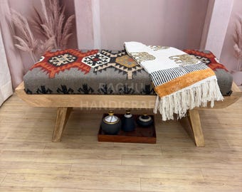 Upholstered Wooden Bench, Boho Entryway Bench, Rustic Indian Jute Pouf Ottoman, Entryway Seating