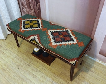 Vintage Kilim Bench, Handmade Turkish Kilim Bench, Entryway Bench, Boho Upholstered Bench, Rustic Wooden Bench, Southwestern Decor Seat