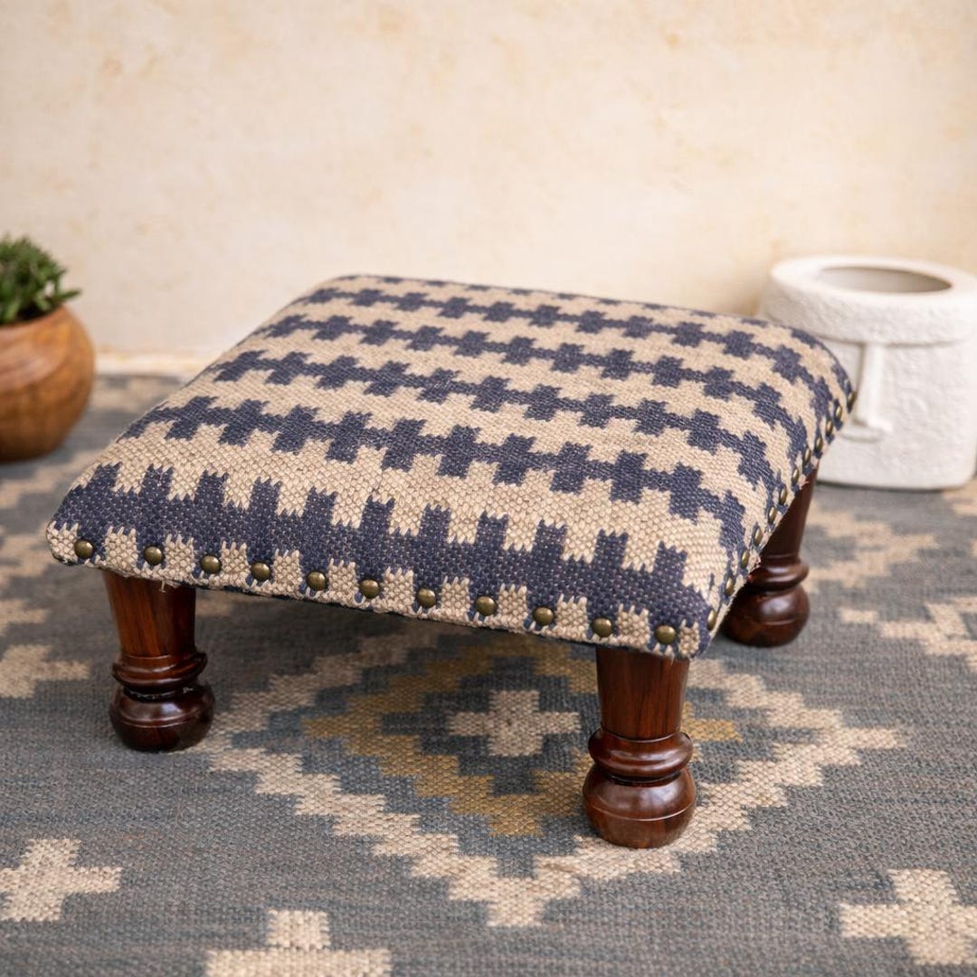 Handcrafted Geometric Upholstered Footstool With Turned Wooden Legs - Etsy